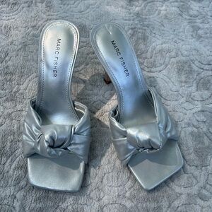 Marc Fisher Daliot silver slide sandals Size 6. Knot accent/Square toe. 3.5 heel